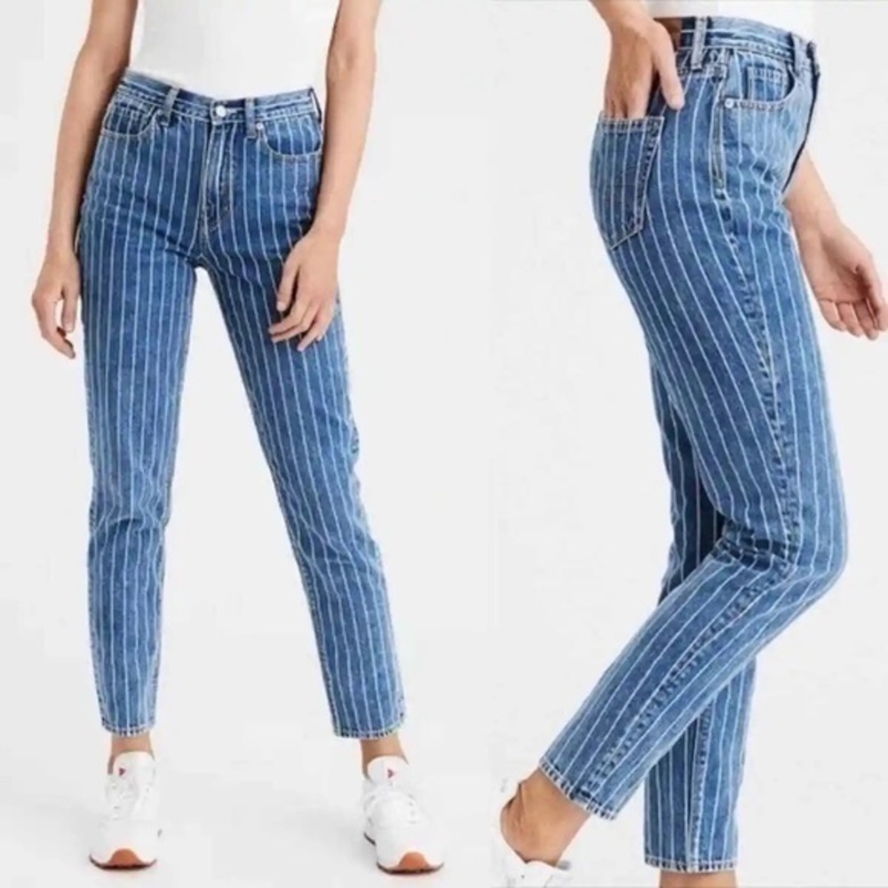 AE American Eagle Mom Jean High Rise relaxed Blue White Stripe Women’s size 00